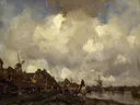 Dorpsgezicht bij Schiedam van Jacob Maris: landschap met dorp, molens, wolken en weiland, in gedempt grijs en bruin