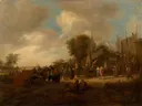 Dorpskermis van Jan Steen: figuren met kermis, dorp, menigte en huizen, in warm bruin en grijs