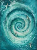 Grote turquoise draaikolk met kleine zwemmende zeemeerminnen aan de randen
