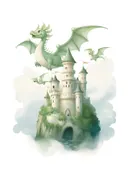 Groene draken vliegend rond een wit kasteel