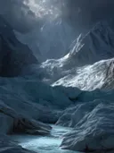 Schilderij van een gletsjerrivier tussen bergen onder een dramatische lucht