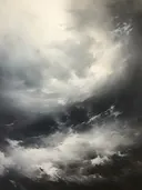 Schilderij van een dramatische storm boven een onstuimige zee in grijstinten.