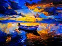 Schilderij van een boot bij een dramatische zonsondergang