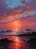 Dramatisch schilderij van een zonsondergang boven zee met zware wolkenluchten