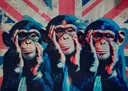 Illustratie van drie chimpansees met zonnebril en leren jas tegen een rode achtergrond met vlagpatroon