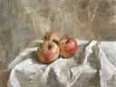 Drie appels op linnen, landschap schilderij