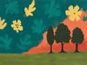 Schilderij van drie bomen in het veld in petrol en koraal, in vlakke kleurvlakken