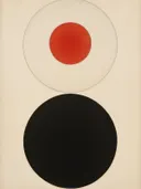 Minimalistische compositie met een witte cirkel met rode cirkel erin en een zwarte cirkel eronder