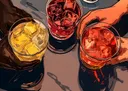 Illustratie van drie glazen cocktails met ijsblokjes van bovenaf gezien