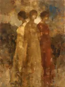 Drie figuren in gewaden in brons en oranje, portret schilderij