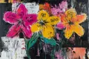 Drie felgekleurde graffiti bloemen magenta geel oranje op zwarte achtergrond