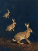Schilderij: drie hazen in het donker
