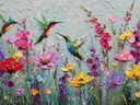 Schilderij van drie kolibries boven een pastelkleurige bloementuin