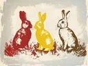 Illustratie van drie konijnen in rood, geel en bruin naast elkaar in gras