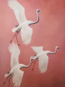 Drie witte kraanvogels vliegend tegen een roze achtergrond