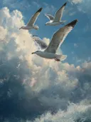 Schilderij van drie vliegende meeuwen tussen wolken boven zee