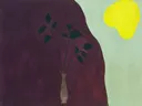 Schilderij van drie stelen in een vaas in aubergine en mint, in vlakke kleurvlakken