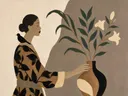 Schilderij van drie stelen in een vaas in camel en ivoor, in vlakke kleurvlakken