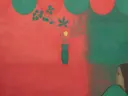 Schilderij van drie stelen in een vaas in koraalrood en zeegroen