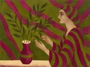 Schilderij van drie stelen in een vaas in magenta en olijfgroen, in vlakke kleurvlakken