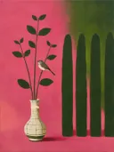 Schilderij van drie stelen in een vaas in olijf en roze, in vlakke kleurvlakken