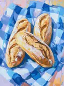 Drie stokbroden op blauw geruit doek, stilleven schilderij