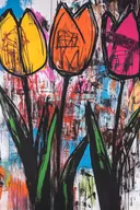 Schilderij van drie kleurrijke tulpen met graffiti-krabbels op bonte achtergrond