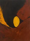 Paletmes abstract schilderij, drie vlakken in saffraan en roest