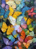 Schilderij van drie verschillende vlinders op paarse bloemen