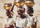 Schilderij van drie vrouwen die gouden kommen op hun hoofd dragen