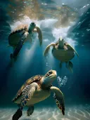 Drie zeeschildpadden zwemmen samen