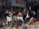 Driekoningenfeest: 'de koning drinkt van Jan Steen: figuren met feest, tafel, kinderen en hond, in warm bruin en rood