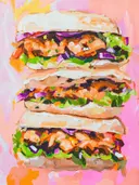 Schilderij van een driedubbel gestapelde sandwich met groente.