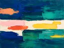 Paletmes abstract schilderij, drievoudige horizon in fel jade