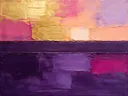 Paletmes abstract schilderij, drievoudige horizon in paars en goud