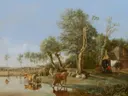 Drinkende koeien weerspiegeld in het water van Paulus Potter: dieren met koeien, water, spiegeling en bomen, in gedempt groen en bruin