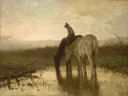 Drinkende paarden van Anton Mauve: dieren met paarden, water, ruiter en drinken, in warm okerbruin