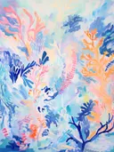 Abstract schilderij van koraalvormen in blauw, roze en oranje pasteltinten.