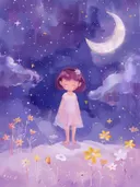 Schilderij van een meisje in een bloemenveld onder de maan, kinderkamer decoratie