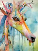 Aquarel schilderij van een paardenkop in profiel met kleurrijke patronen