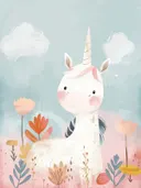 Schilderij van een schattige baby-eenhoorn in een pastelkleurig bloemenveld, ideaal voor een meisjeskamer