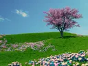 Gestileerde illustratie van een groene heuvel met roze bloesemboom en bloemenvelden