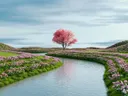 Roze kersenbloesemboom naast een rivier omgeven door bloemenvelden.