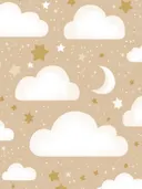 Schilderij met witte wolken en sterren op zandkleurige achtergrond