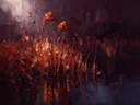Droogbloem aan de oever in roest, schilderij van droogbloem aan de oever