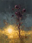 Droogbloem in aubergine, schilderij van droogbloem op de helling