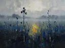 Droogbloem in de weide in blauwgeel, schilderij van droogbloem