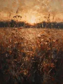 Droogbloem in de weide in kopergloed, schilderij van droogbloem onder een storm