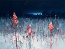 Droogbloem in de weide in koraal, schilderij van droogbloem onder een storm