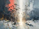 Droogbloem in groepjes in antracietkoraal, schilderij van droogbloem